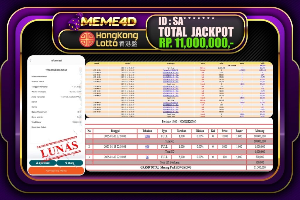 Bukti Jp MEME4D Togel Online 14 JANUARI 2025