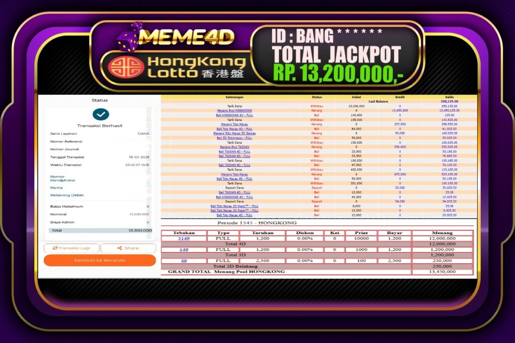 Bukti Jp MEME4D Togel Online 19 Februari 2025
