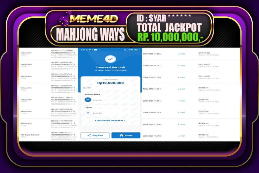 Bukti Jp MEME4D Slot Online 22 Maret 2025