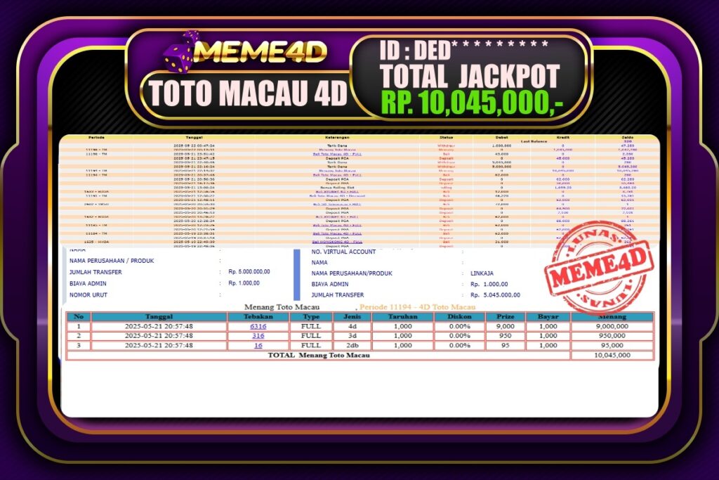 Bukti Jp MEME4D Togel Online 22 Mei 2025
