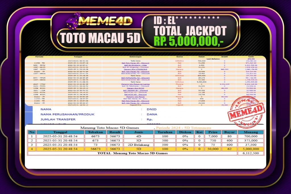 Bukti Jp MEME4D Togel Online 01 Juni 2025