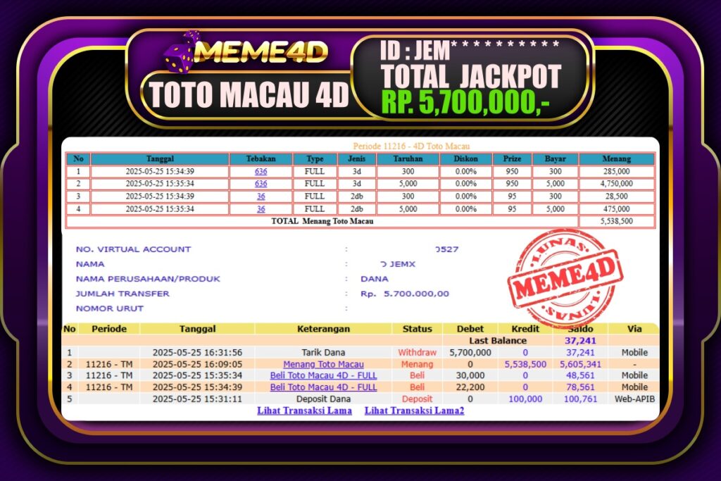Bukti Jp MEME4D Togel Online 26 Mei 2025