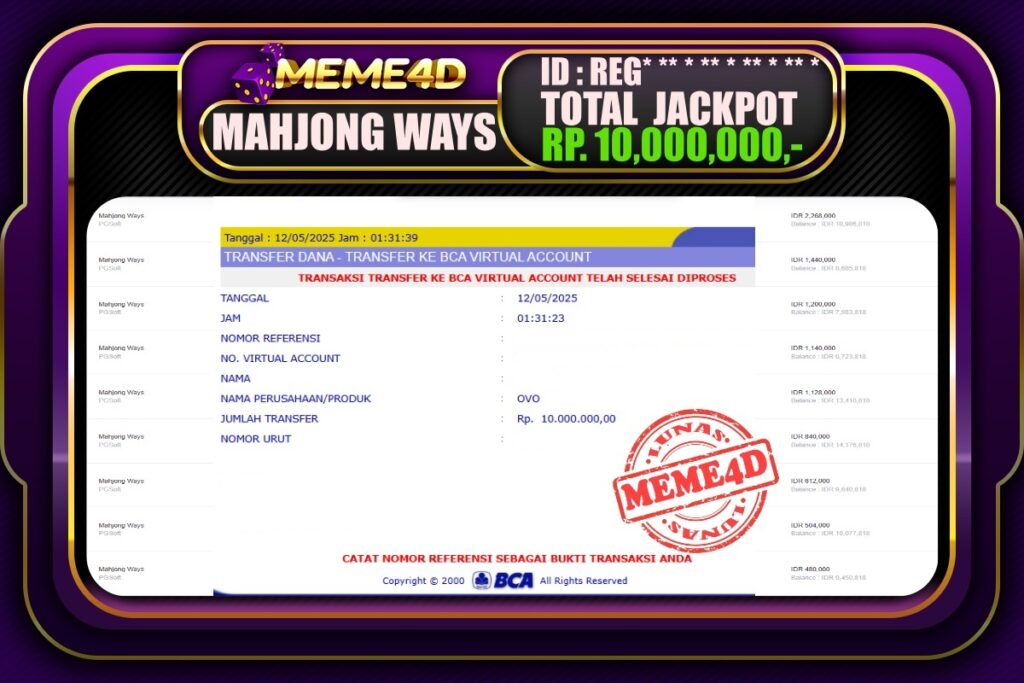 Bukti Jp MEME4D Slot Online 12 Mei 2025