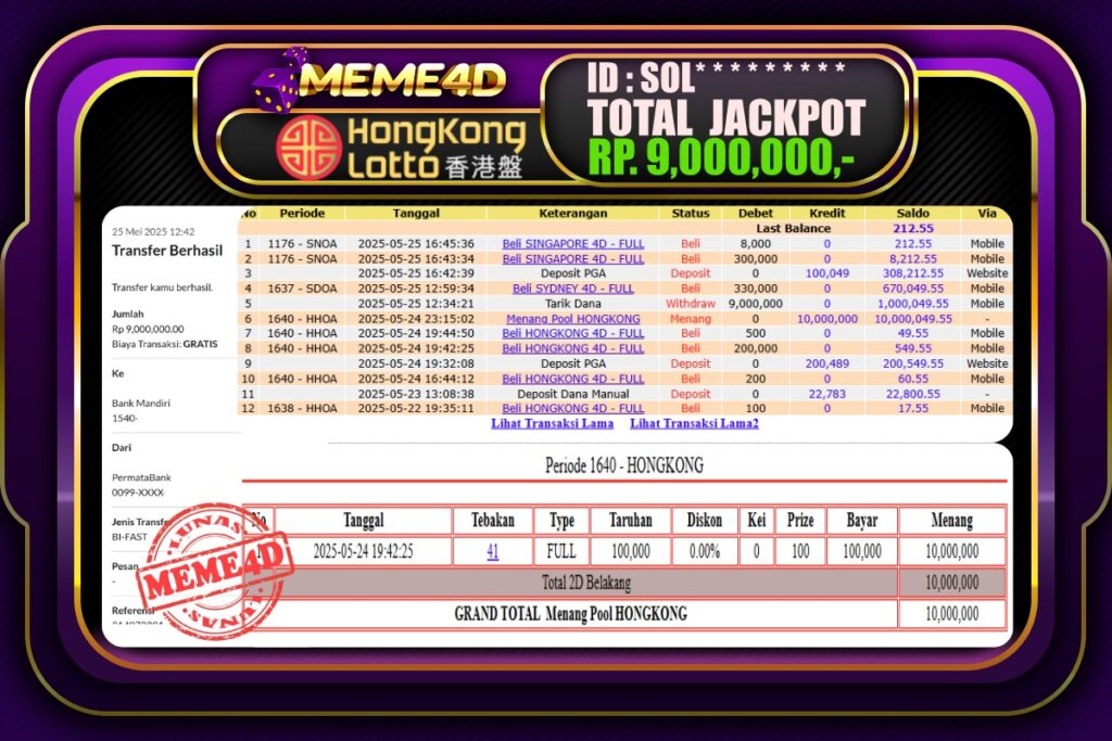 Bukti Jp MEME4D Togel Online 26 Mei 2025