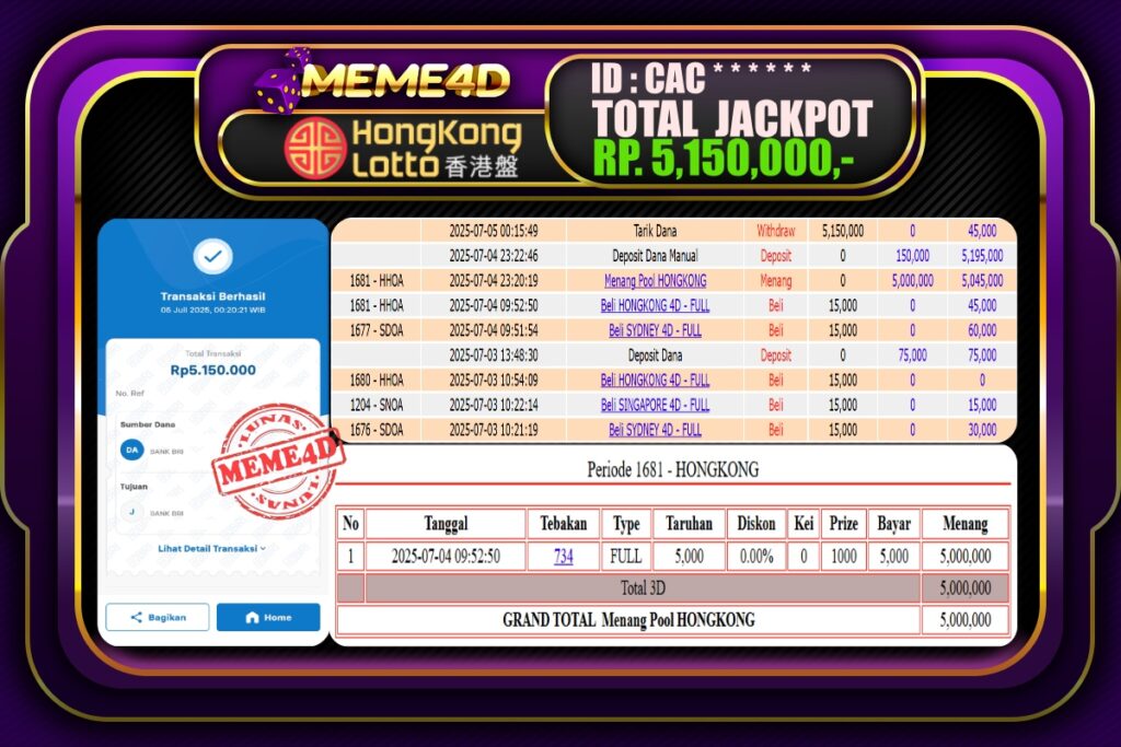Bukti Jp MEME4D Togel Online 05 Juli 2025
