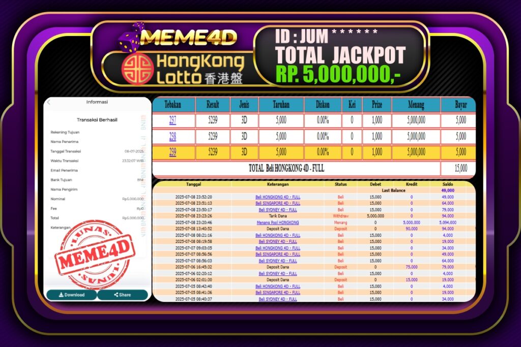 Bukti Jp MEME4D Togel Online 09 Juli 2025