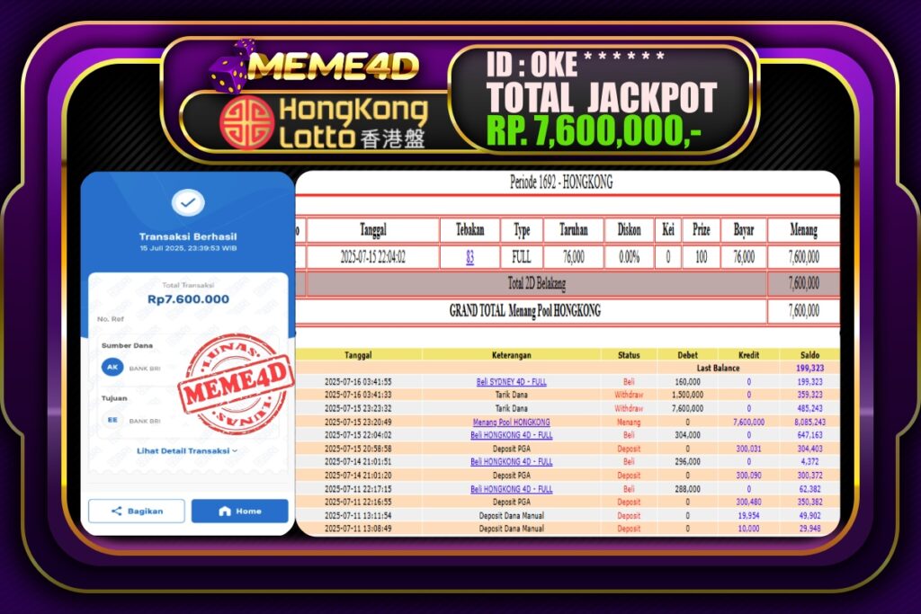 Bukti Jp MEME4D Togel Online 16 Juli 2025