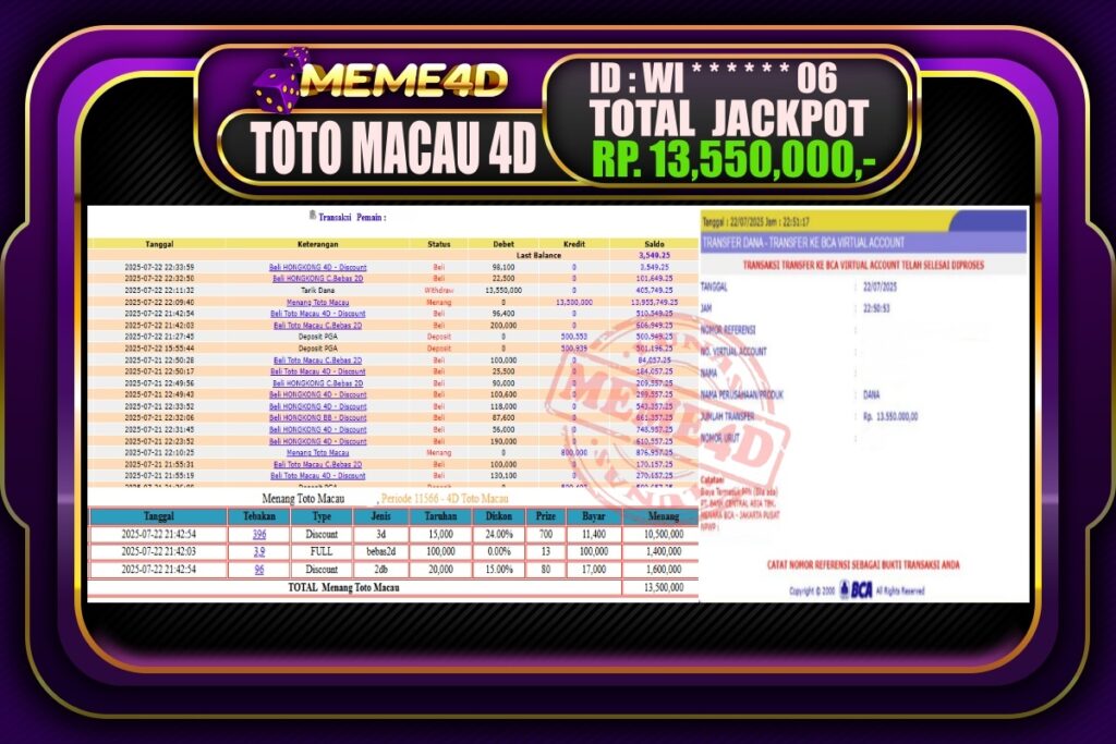 Bukti Jp MEME4D Togel Online 23 Juli 2025