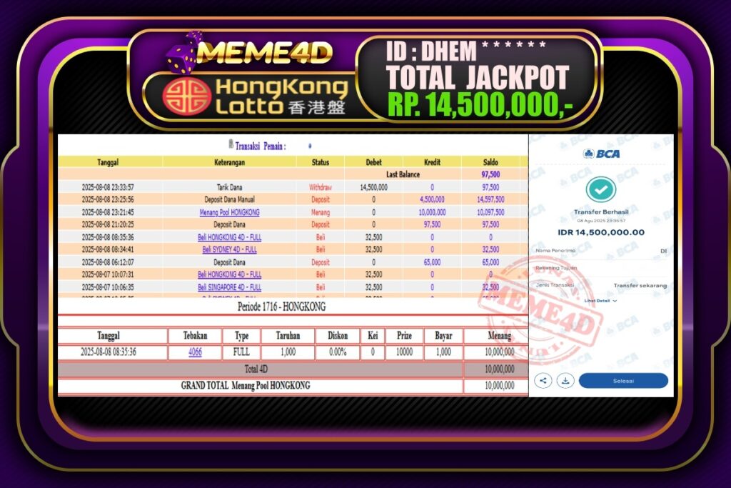 Bukti Jp MEME4D Togel Online 09 AGUSTUS 2025