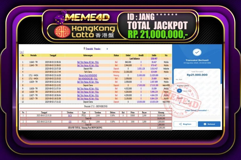 Bukti Jp MEME4D Togel Online 04 AGUSTUS 2025