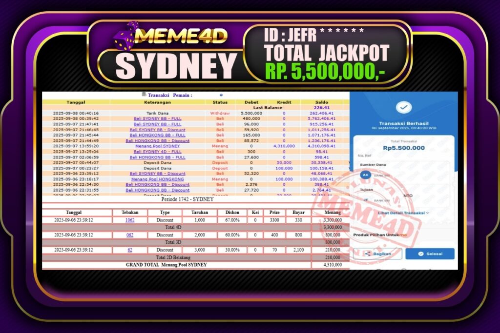 Bukti Jp MEME4D Togel Online 08 September 2025