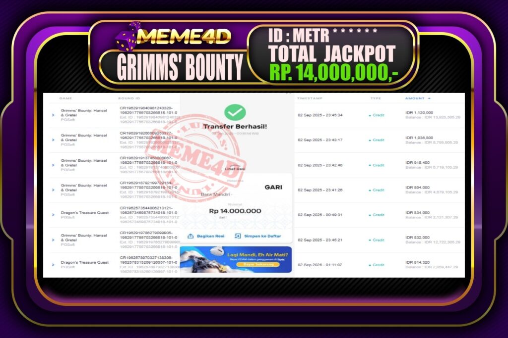 Bukti Jp MEME4D Slot Online 03 September 2025