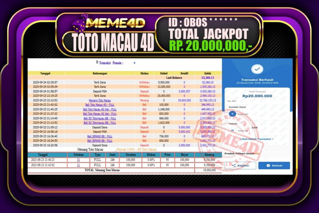 Bukti Jp MEME4D Togel Online 24 September 2025