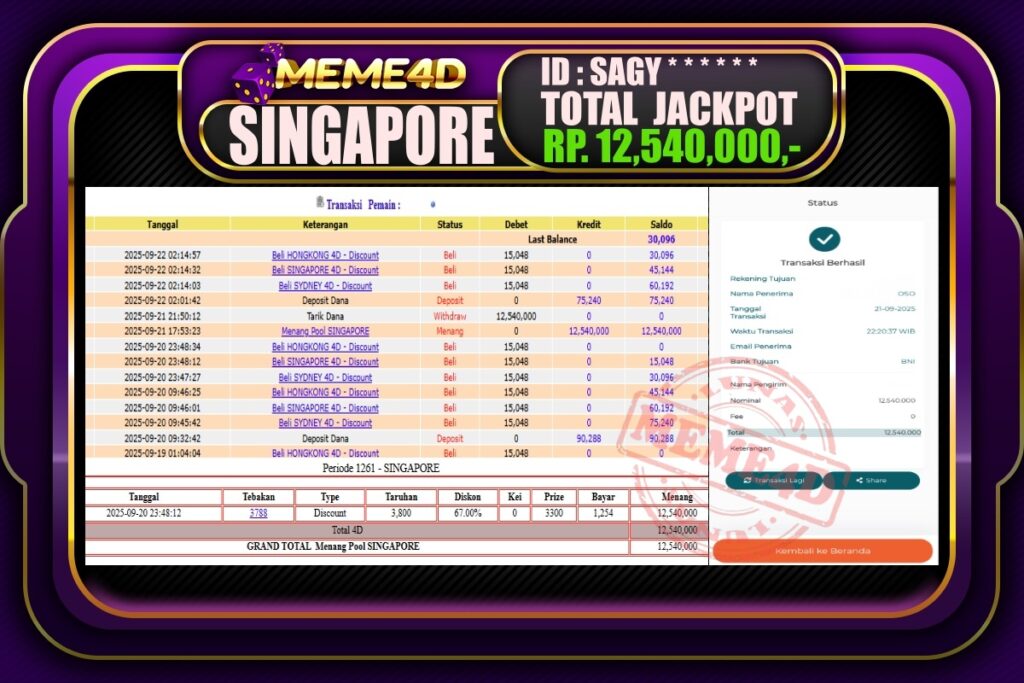 Bukti Jp MEME4D Togel Online 22 September 2025
