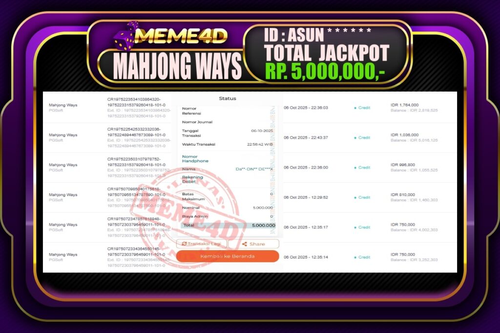 Bukti Jp MEME4D Slot Online 07 Oktober 2025