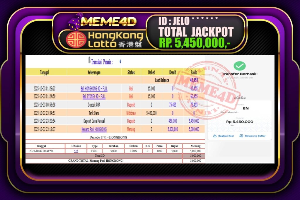 Bukti Jp MEME4D Togel Online 03 Oktober 2025