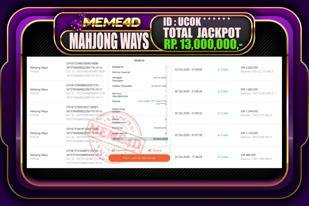 Bukti Jp MEME4D Slot Online 03 Oktober 2025