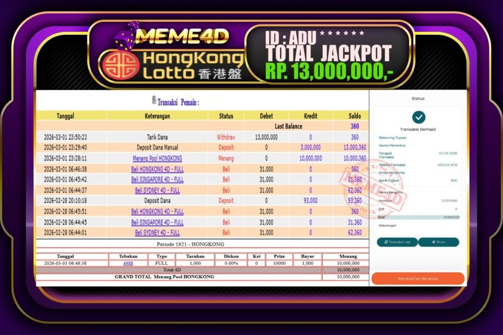 Bukti Jp MEME4D Togel Online 02 March 2026