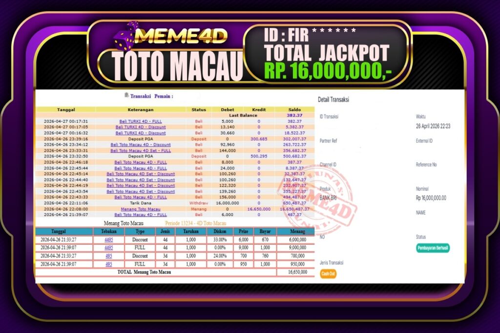 Bukti Jp MEME4D Togel Online 27 April 2026