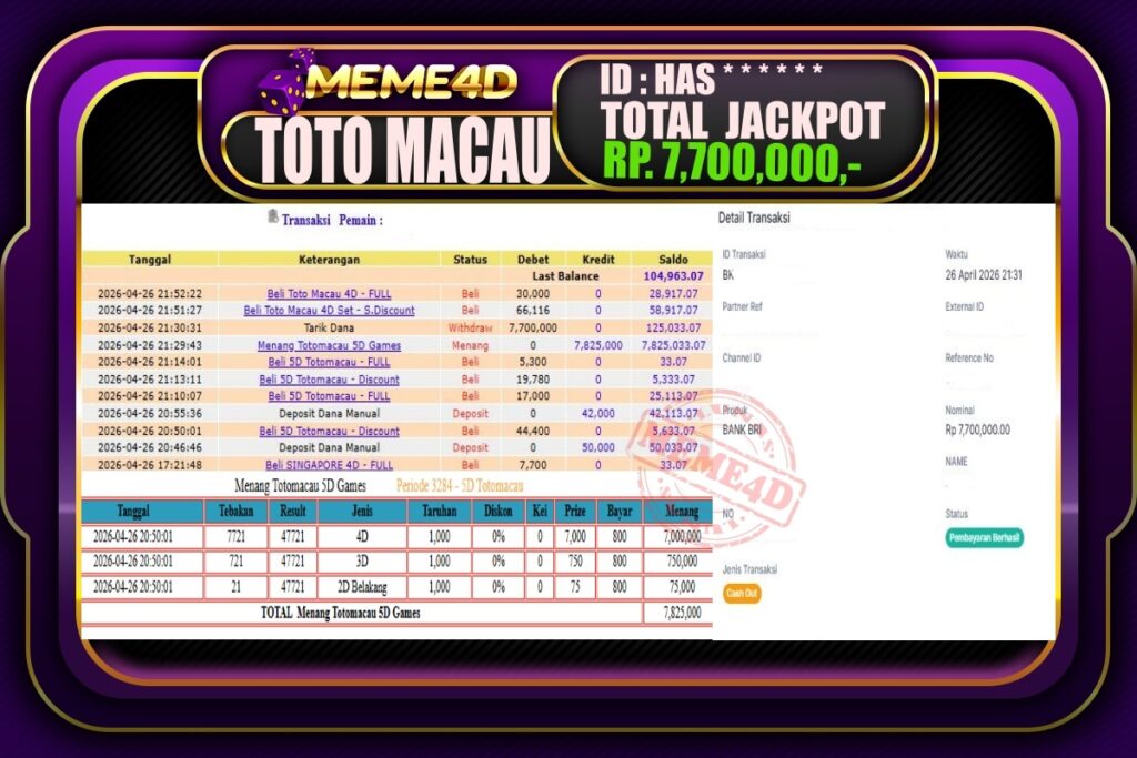 Bukti Jp MEME4D Togel Online 27 April 2026