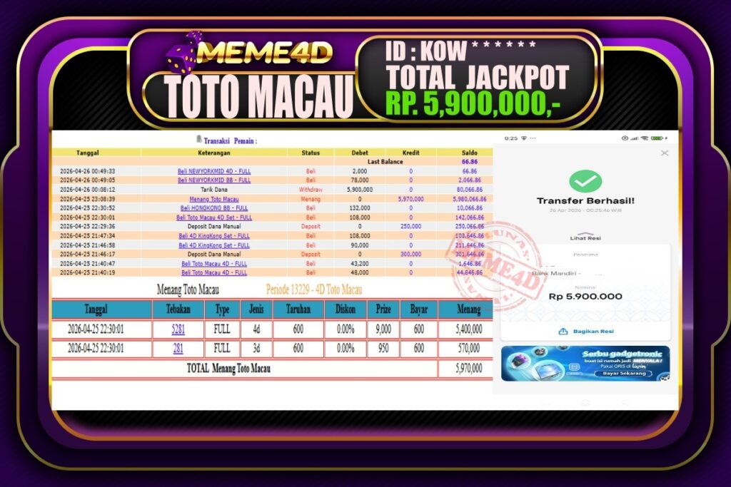 Bukti Jp MEME4D Togel Online 26 April 2026
