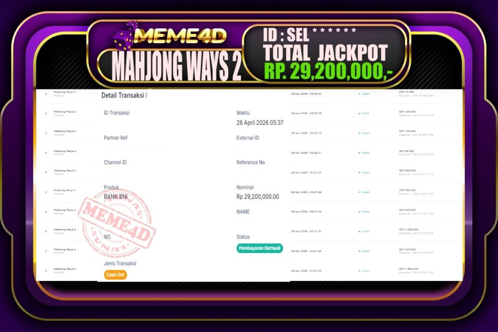 Bukti Jp MEME4D Slot Online 29 April 2026