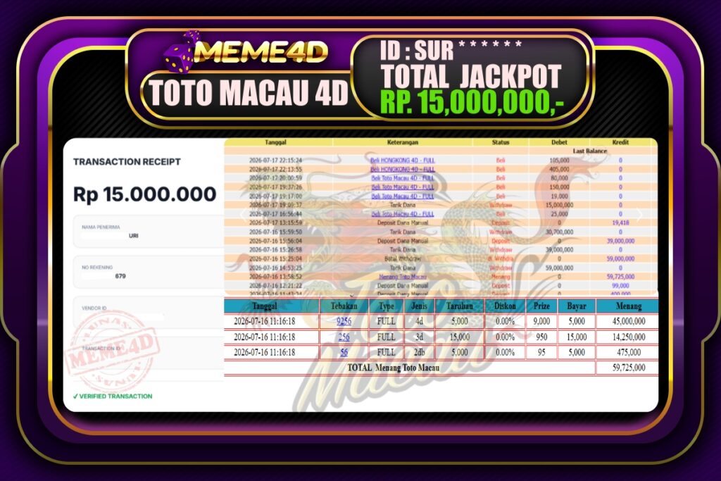 Bukti Jp MEME4D Togel Online 18 Juli 2026